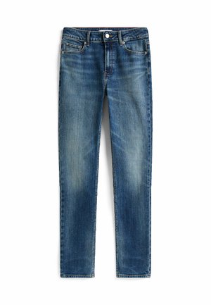 Dark blue denim jeans with a slim fit, featuring front pockets, a button closure, and subtle fading along the thighs.