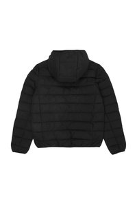 Giacca nera imbottita con cappuccio, texture trapuntata e polsini elastici. Design semplice con orlo dritto e senza hardware visibile.