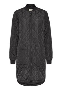 Schwarzer gesteppter langer Mantel mit Reißverschluss vorne, gerippten Bündchen und zwei vorderen Taschen; verfügt über eine glatte Textur und einen abgerundeten Saum.