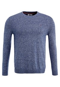 Blauer, gestrickter Pullover mit langen Ärmeln, Rundhalsausschnitt und strukturiertem Muster. Verfügt über ein kleines Logo auf der Brust sowie gerippte Bündchen und Saum.