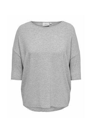 Chemise à manches courtes, ample, gris clair, avec un col rond et des épaules tombeées, présentée sur un fond blanc.
