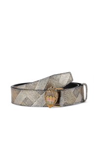 Cintura testurizzata in oro e argento metallico con un design a motivo diamante. Presenta un cinturino a forma di foglia in oro e decorato con gemme.