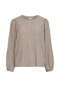 Smėlio spalvos ilgomis rankovėmis palaidinė iš tekstūruotos medžiagos, puošta deimanto formos raštu su išpjovomis, apvali iškirpte ir susmulkintomis rankovėmis.