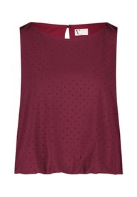 Top senza maniche color bordeaux realizzato in tessuto liscio, con piccole decorazioni a pois neri e un'apertura a goccia sul retro con zip.
