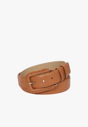 Tan leather belt with a woven buckle, featuring a smooth finish, multiple holes for adjustment, and a sleek, rounded design.