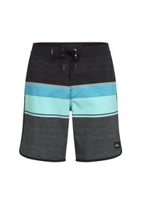 Μαύρα και πετρόλ ριγέ μαγιό βερμούδα με σκοινί στη μέση, με οριζόντιες ζώνες σε διαφορετικές αποχρώσεις του μπλε και του γκρι. Λογότυπο O'Neill στο τελείωμα.