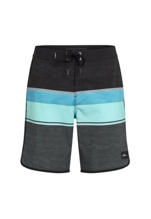 Zwart en blauwgroen gestreepte zwemshorts met een tailleband met trekkoord, met verschillende tinten blauw en grijs in horizontale banen. O'Neill-logo op de zoom.