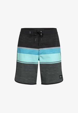 Zwart en blauwgroen gestreepte zwemshorts met een tailleband met trekkoord, met verschillende tinten blauw en grijs in horizontale banen. O'Neill-logo op de zoom.
