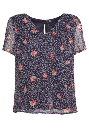 Marineblauwe blouse met een bloemenpatroon, korte mouwen, een V-hals en een subtiel open detail aan de achterkant. Lichtgewicht en halftransparante stof.