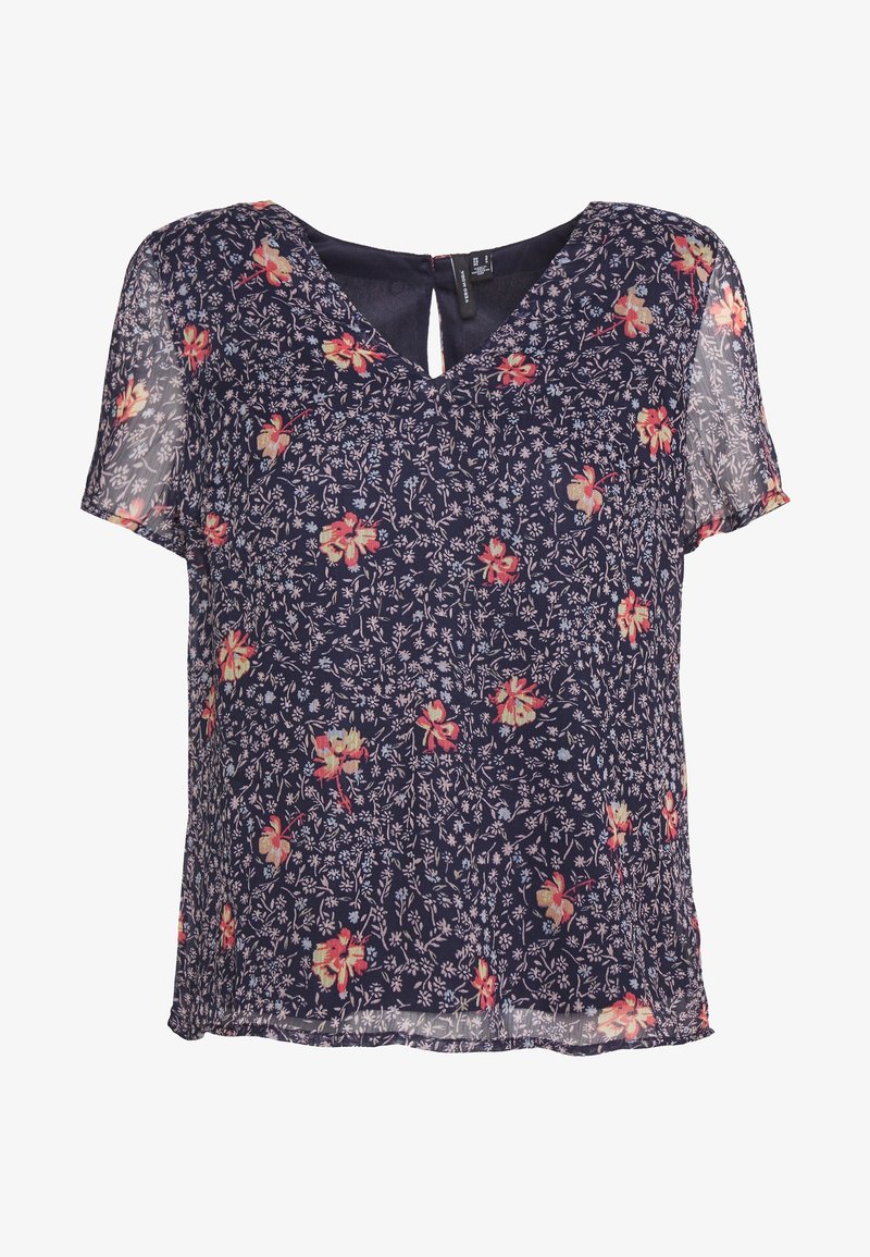 Blouse bleu marine à motif floral, manches courtes, col en V, et un léger détail d'œillet dans le dos. Tissu léger et semi-transparent.