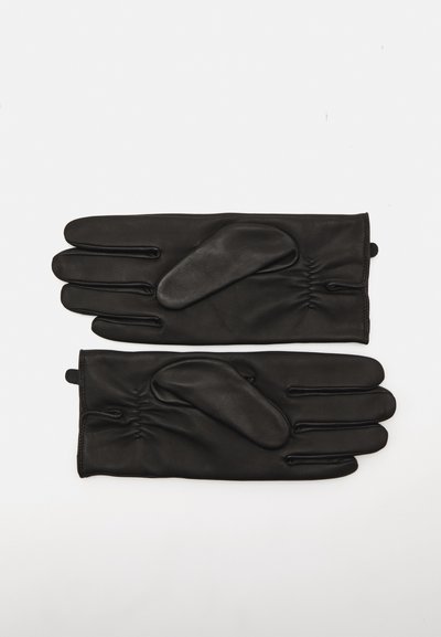 Svarta läderhandskar med en slät yta, utrustade med sex separata fingrar och detalj med samlad handled för en snug passform.