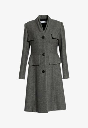 Langer grauer Wollmantel mit drei schwarzen Knöpfen, strukturierten Schultern, zwei Brusttaschen mit Klappe und zwei Taillentaschen mit Klappe.