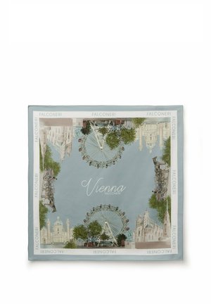 Sjaal met geïllustreerde bezienswaardigheden van Wenen, waaronder het reuzenrad, de kathedraal, standbeelden en bomen, omringd door de tekst "Falconeri".