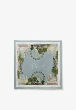 Szal z ilustracjami charakterystycznych miejsc Wiednia, w tym diabelskiego młyna, katedry, rzeźb i drzew, obramowany tekstem „Falconeri”.