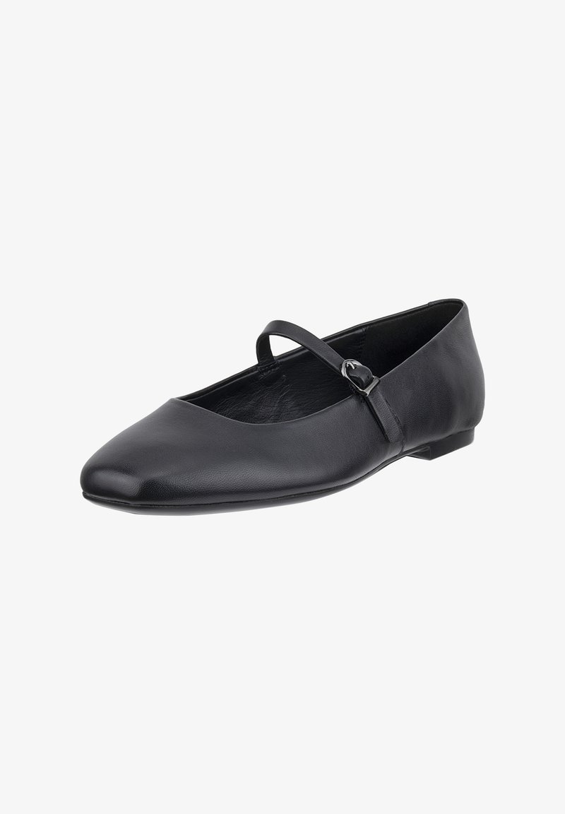 Chaussure plate en cuir noir avec une fine bride ajustable et une boucle sur le dessus, bout arrondi et petit talon.