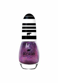 Kokie nagellack i en klar flaska med rundad botten. Innehåller lila glitter och ett randigt svart-vitt lock med en elefantsilhuett.