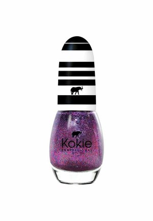 Kokie kynilakka kirkkaassa pullossa, jossa on pyöreä pohja. Sisältää violettia glitteriä ja raidallisen mustavalkoisen korkin, jossa on norsun siluetti.