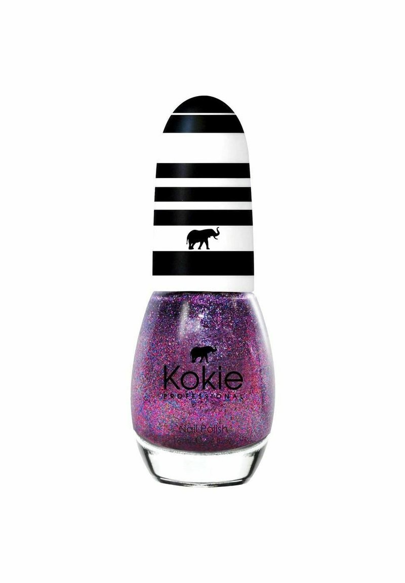 Kokie nagellack i en klar flaska med rundad botten. Innehåller lila glitter och ett randigt svart-vitt lock med en elefantsilhuett.