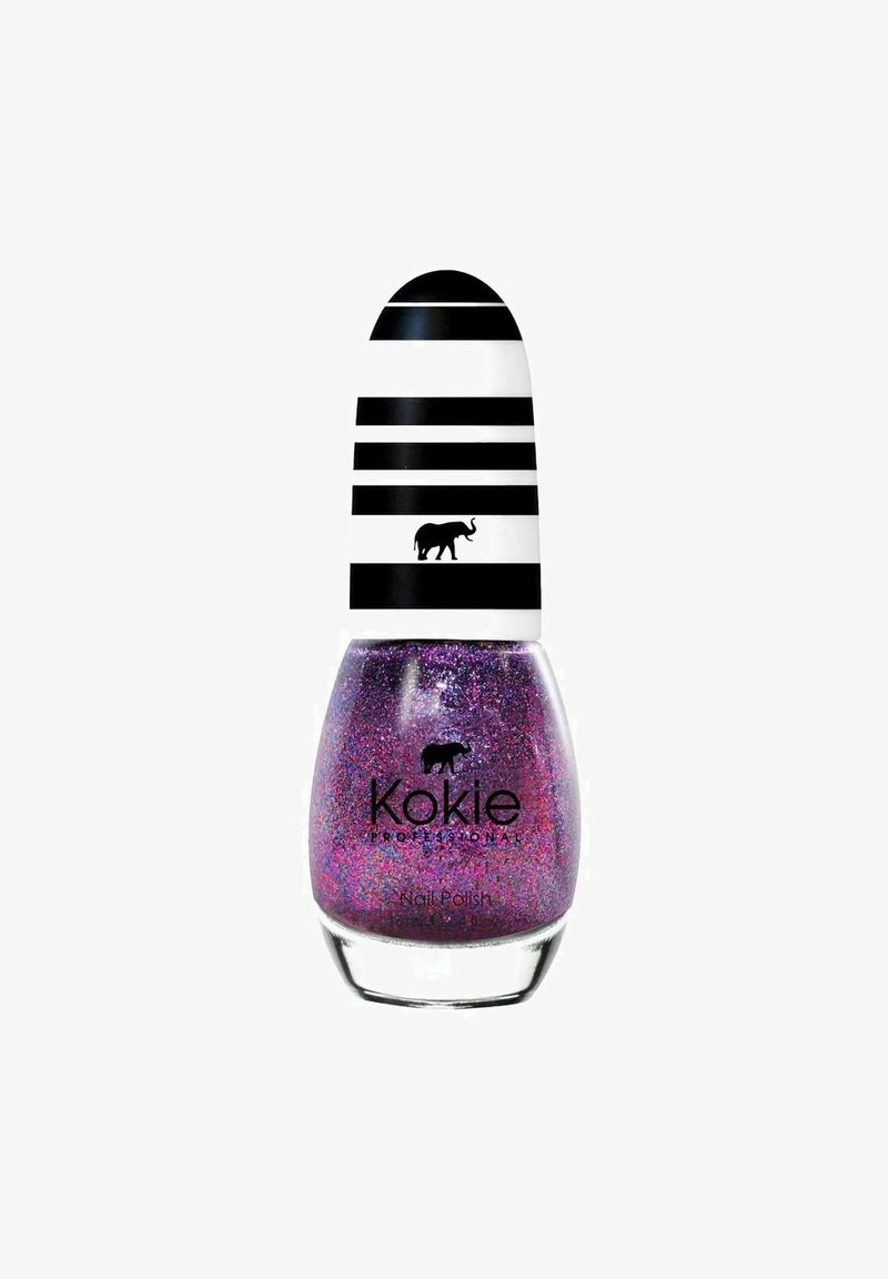 Kokie nagellack i en klar flaska med rundad botten. Innehåller lila glitter och ett randigt svart-vitt lock med en elefantsilhuett.