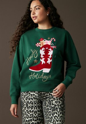 NOVELTY CHRISTMAS FUN GRAPHIC STOCKING COWBOY BOOT CREW NECK - Sweatshirt - forest green pink red