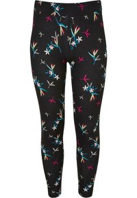 Fekete anyagú leggings, színes virágmintával, fehér virágokkal, kék és piros kiegészítőkkel, valamint zöld lombozattal.