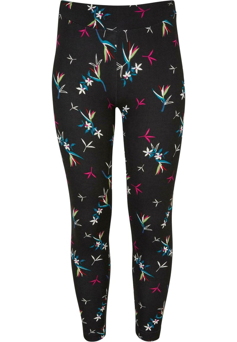 Fekete anyagú leggings, színes virágmintával, fehér virágokkal, kék és piros kiegészítőkkel, valamint zöld lombozattal.