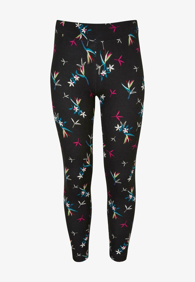 Leggings en tissu noir avec un motif floral coloré comprenant des fleurs blanches, des accents bleus et rouges, et un feuillage vert.
