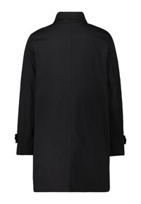Schwarzer Trenchcoat mit geradem Schnitt, offenem Rücken und minimaler Gestaltung. Verfügt über einen klassischen Kragen und Riemen an den Ärmeln.