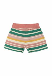 Pantalones cortos a rayas con una cinturilla rosa, con rayas horizontales en verde, amarillo y rosa. Textura acanalada con detalle de dobladillo con volantes.