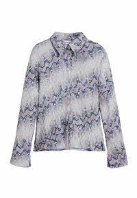 Košeľa s dlhým rukávom vyrobená z ľahkej tkaniny, so vzorom vlniek v modrej, šedej a béžovej farbe, s golierom a gombíkmi.