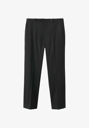 Pantalon noir sur mesure avec passants de ceinture, fermeture avant par bouton, poches latérales et plis le long des jambes.