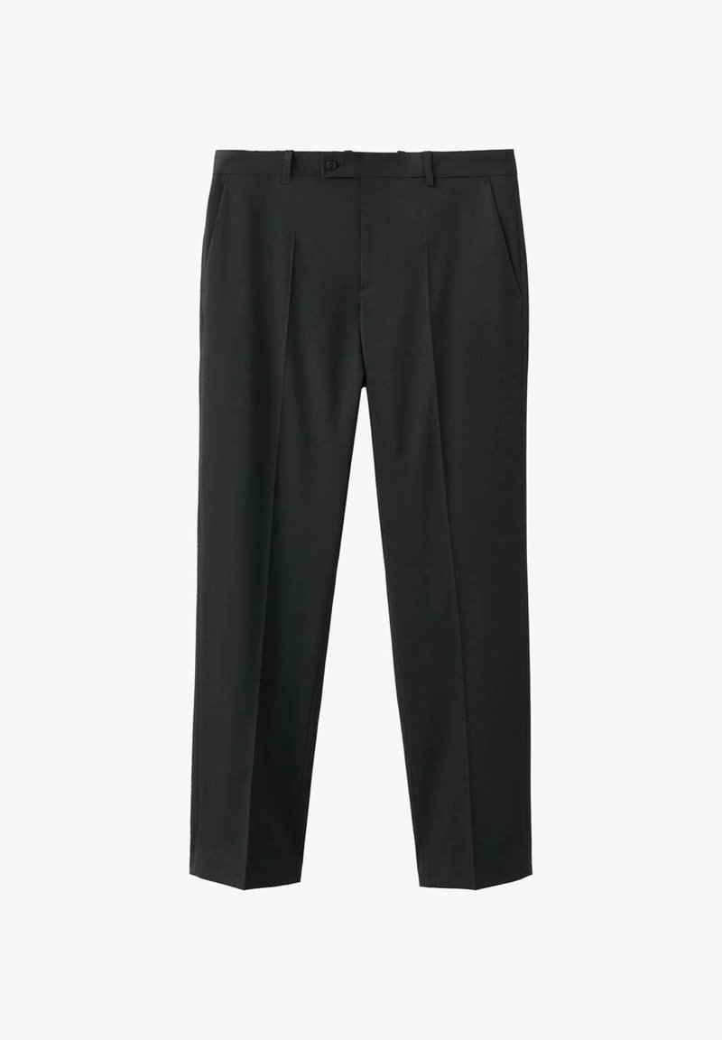 Schwarze, maßgeschneiderte Damenhose mit Gürtelschlaufen, Frontknopfverschluss, Seitentaschen und Bügelfalten entlang der Beine.