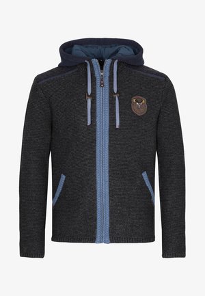 Gray knitted hoodie jacket with a blue inner lining, featuring a zip front, two pockets, and a patch accent on the left chest area.