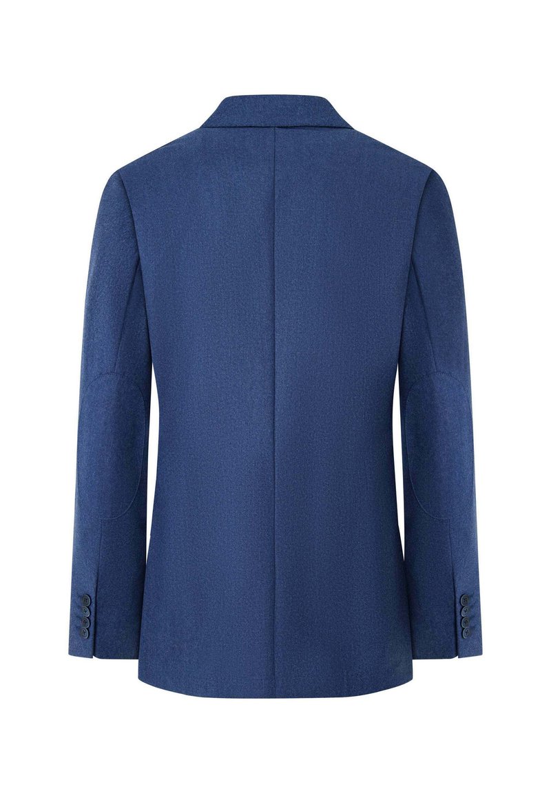 Marineblauwe blazer met een gestructureerde stof, notch-kraag en drie-knops manchetten, ontworpen met een getailleerde pasvorm en een rugsplit.