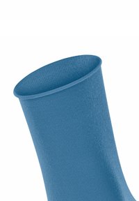 Blauer gestrickter Socken mit glatter Textur und verstärkter Bündchen, der eine röhrenförmige Form hat, die sich an der Spitze verjüngt. Geeignet für den Alltag.