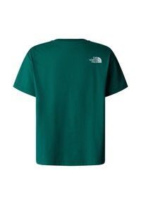 Teal cotton t-shirt with short sleeves and a crew neck. Features a small white logo printed on the upper back. Simple, unembellished design.