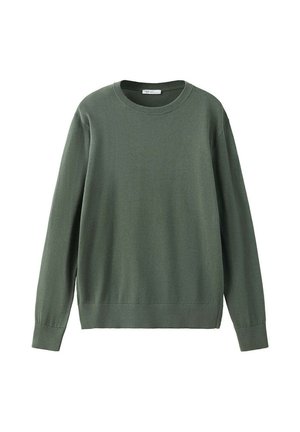 Dunkelgrüner Pullover mit langen Ärmeln und Rundhalsausschnitt, mit gerippten Bündchen und Saum, vor weißem Hintergrund präsentiert.