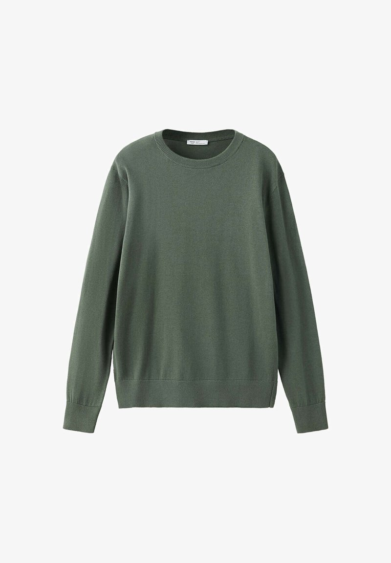 Pull vert foncé à manches longues avec col rond, poignets et bas côtelés, présenté sur un fond blanc.