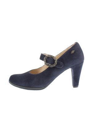 Marineblaue Wildleder-Mary-Jane-Pumps mit dekorativer runder Metall-Schnalle und mittelhohem, klobigem Absatz für formelle Damenbekleidung.