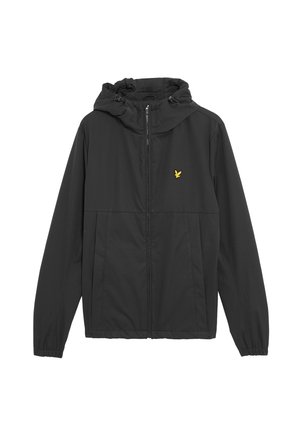 Zwarte lichtgewicht jas met een capuchon, ritssluiting, elastische manchetten en een geel logo op de borst. Gladde stof, minimalistisch ontwerp, geen patronen.
