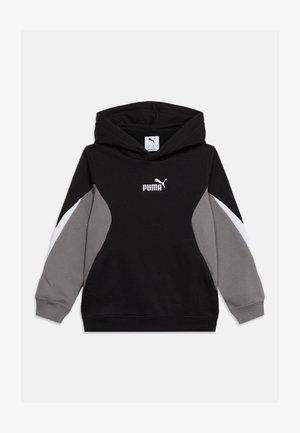 Czarna bluza z kapturem z szarymi rękawami i białymi paskami, z białym logo Puma na piersi, położona na płaskiej, jednolitej powierzchni.