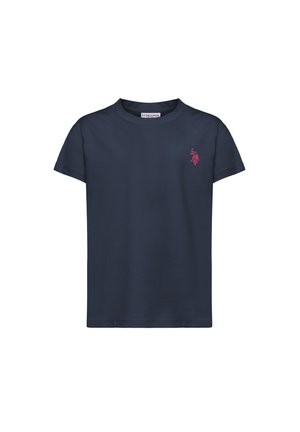 T-shirt blu navy a maniche corte con scollo rotondo e piccolo logo ricamato rosa di un giocatore di polo sul petto a sinistra.