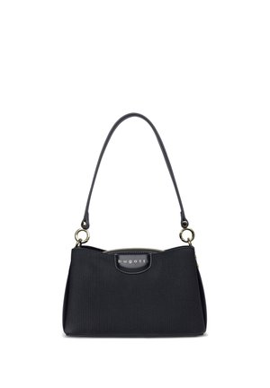 Borsa Bugatti nera testurizzata con tracolla singola e dettagli ad anello color oro, forma rettangolare con chiusura a zip sulla parte superiore.