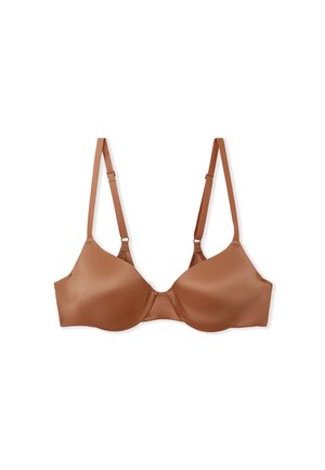 Reggiseno in satin marrone con spalline regolabili, coppe senza cuciture e una texture liscia. Presenta un design classico senza decorazioni.