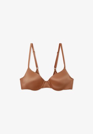 Soutien-gorge en satin marron avec bretelles réglables, bonnets sans coutures et texture lisse. Présente un design classique sans embellissements.