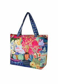 Borsa a spalla in tessuto colorato con manici floreali blu, che presenta un mix di design floreali e astratti nei toni del rosa, rosso e verde.