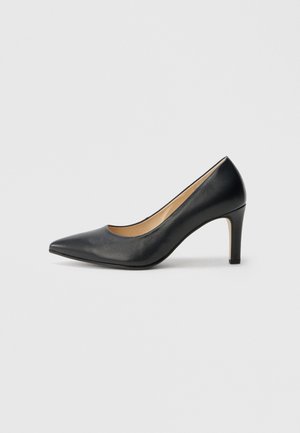 Black leather high heel shoe with a pointed toe and a slender heel, featuring a smooth texture and minimalistic design.