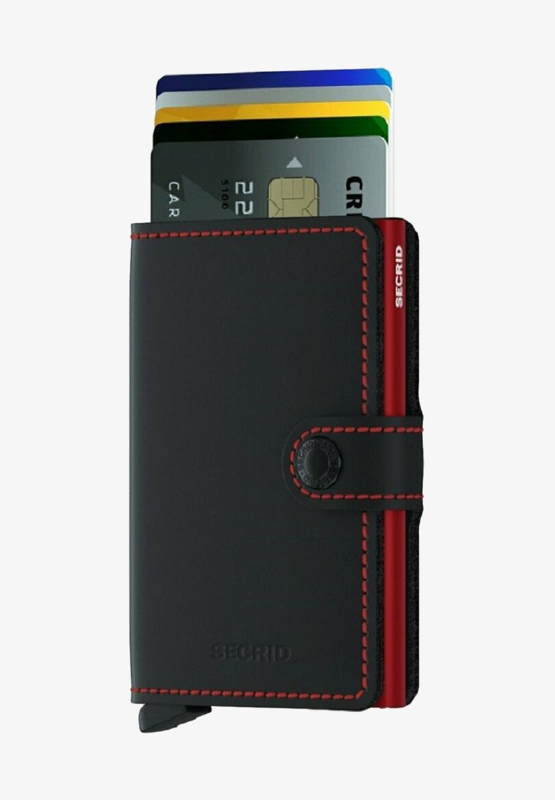 Black leather wallet with red stitching, featuring a card slot displaying several credit cards and a button closure. Brand logo visible.