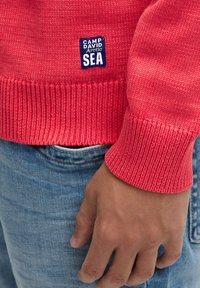 Roter Strickpullover mit gerippten Bündchen, versehen mit einem blauen Etikett mit der Aufschrift "CAMP DAVID Arctic SEA." Getragen zu hellblauen Denim-Jeans.