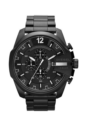Męski zegarek chronograf Black Diesel z metalową bransoletą, trzema tarczami pomocniczymi, okienkiem daty i wyraźnym oznaczeniem godziny 12.
